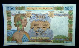 1942 France Large Banknote 500 Francs Vf/xf