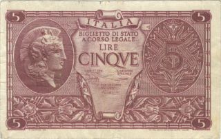 1944 5 Lire Italy Italian Currency Banknote Note Money Bank Bill Cash Europe Ww2