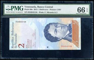 Venezuela 2 Bolivares 2012 P 88 Gem Unc Pmg 66 Epq Nr