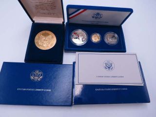 United States Liberty Coins 1986 3 Coinproof Set W/certs.  24oz Gold.  77oz Silver