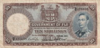 Fiji 10 Shillings Banknote 1.  6.  1951 P.  38k Fine