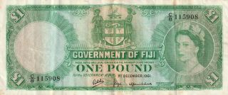 Fiji 1 Pound Banknote 1.  12.  1961 P.  53d Good Fine
