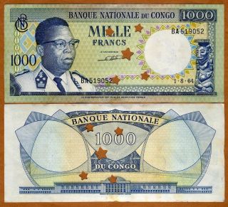Congo D.  R. ,  1000 Francs,  1964,  P - 8,  Aunc