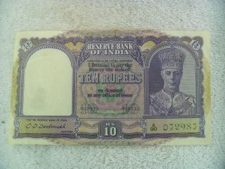 Aunc Reserve Bank Of India 10 Rupees 1943 George Vi A/90 072987