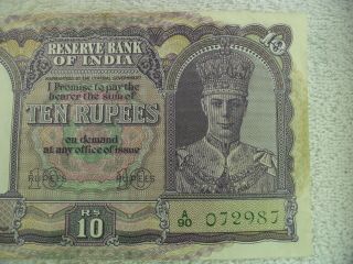 aUNC Reserve Bank of India 10 Rupees 1943 George VI A/90 072987 2