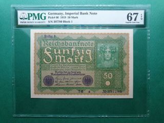 1919 Germany Imperial Bank Note 50 Mark P 66 Pmg 67 Gem Unc High