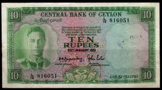 Ceylon (sri Lanka) :p - 48,  10 Rupees 1951 King George Vi Kgvi Xf