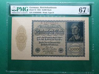 1922 Germany Reichsbanknote 10,  000 Mark P 72 Pmg 67 Gem Unc High