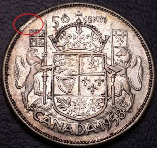 1958 Canada 50 Cents Half Dollar - 80 Silver Coin Clipped Planchet Error