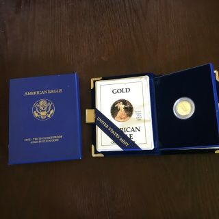 1990 Us American Eagle Gold.  999 1/10 Ounce Proof 5 Dollar Coin W Box/coa