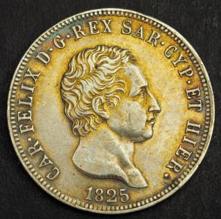 1825,  Italian States,  Sardinia,  Charles Felix.  Large Silver 5 Lire Coin.  Xf,