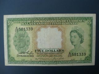 1953 Malaya & British Borneo $5 Banknote Crisp Vf