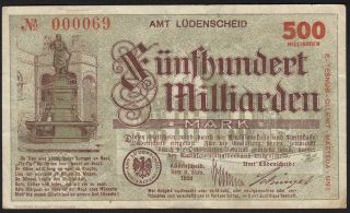 1923 500 Billion Mark Luedenscheid Germany Emergency Money Banknote Currency Vf