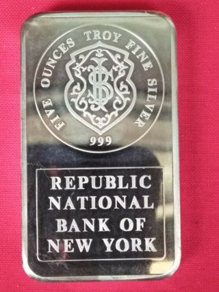 Republic National Bank Of York 5 Troy Ounces.  999 Serial 003405