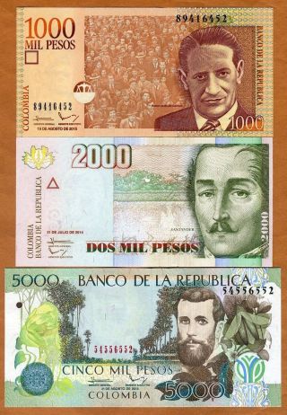 Set Colombia,  1000;2000;5000 Pesos,  2013 - 2016,  P - 456 - 457 - 452,  Unc