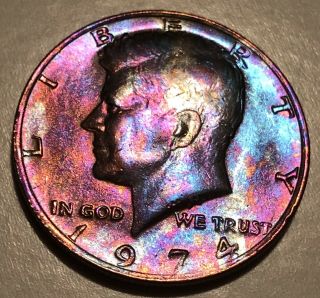1974 Kennedy Half Dollar Circulated Colorful Rainbow Toning Picture Not Enhanced