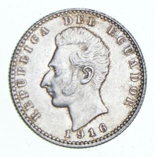Roughly Size Of Quarter - 1916 Ecuador 2 Decimos - World Silver Coin 990