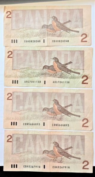 1986 Canadian 2 Dollar Bill X4