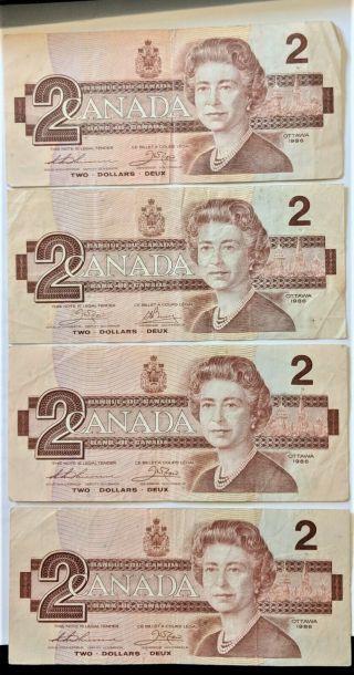 1986 Canadian 2 dollar bill X4 2