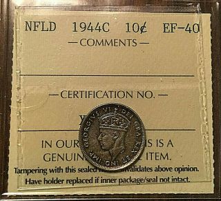 1944 Newfoundland Silver 10 Cents - Iccs Certified Ef - 40