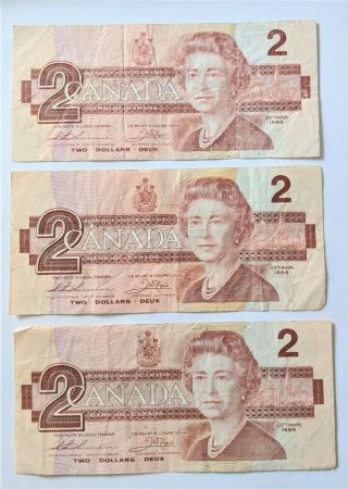 1986 Canadian 2 Dollar Bill X3