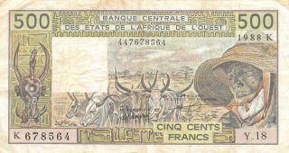 West African States 500 Francs 1988 K Series Y.  18 Circulated Banknote 3lb2