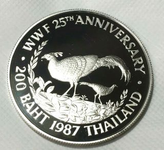 1987 Thailand Rama Ix,  King Bhumibol,  200 Baht Silver Proofed,  _pheasant,  Wwf