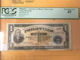 1944 Philippines 1 Peso Nd P.  94 Pcgs 45 (not Pmg) Extremely Fine.  Zero Flaws