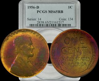 1956 - D Lincoln Wheat Penny Pcgs Ms65rb Rainbow Color Toned Gem