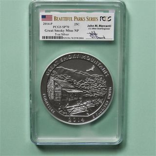 2014 - P Great Smokey Mountain 5 Oz Silver Coin Pcgs Sp70 Sign By John M.  Mercanti