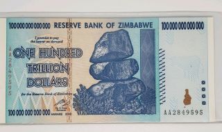 Zimbabwe 100 Trillion Dollar Note Aa 2008 Series Uncirculated