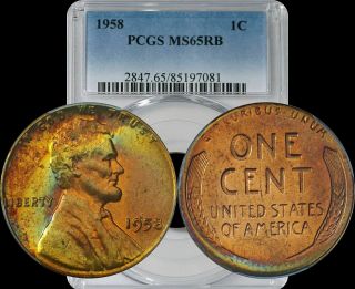 1958 Lincoln Wheat Penny Pcgs Ms65rb Rainbow Color Toned Gem