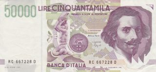 50 000 Lire Very Fine Banknote From Italy 1992 Pick - 116c