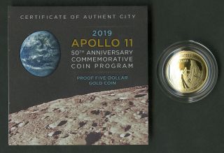Us Gold Coin 2019 Apollo 11 Proof $5 Mib W/cert