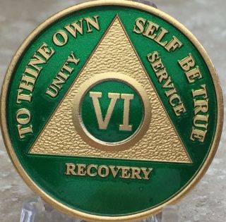 6 Year Aa Medallion Green Gold Plated Alcoholics Anonymous Sobriety Chip Coin