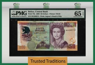 Tt Pk 70c 2009 Belize Central Bank 50 Dollars " Queen Elizabeth Ii " Pmg 65 Epq