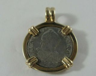 1783 Mexico 1 Real Silver Coin Pendant 14k Gold Bezel & Bail