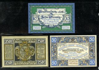 Germany Notgeld Greiffenberg 10,  25,  50 pfg UNC Notes 1920 design 2