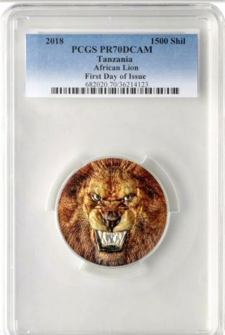2018 1500 Shilling Tanzania African Lion 2oz Silver Proof Coin Pcgs Pr70dcam Fd