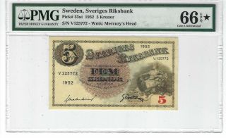 P - 33ai 1952 5 Kronor,  Sweden,  Sveriges Riksbank,  Pmg 66 Star