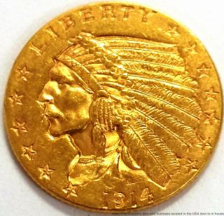 1914 $2.  5 Two And A Half Dollar Indian Head Quarter Eagle American Gold Coin