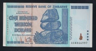 Zimbabwe 100 Trillion Dollars 2008,  Aa Series,  P - 91,  Uncirculated 100 Authentic