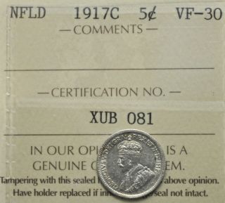 1917 - C Newfoundland 5 Cents Iccs Graded Vf - 30
