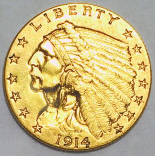 1914 P Gold Indian 2 1/2 Dollar Gem Bu,  Impressive Color Flawless Gem Nr 08262