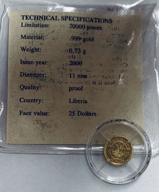 Miniature 2000 Liberia $25 Elizabeth II - 0.  73 g.  999 Gold Coin Proof 2
