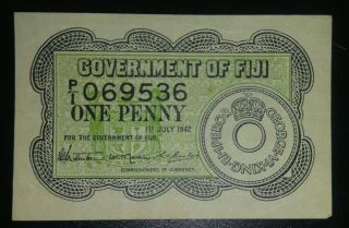 Government Of Fiji 1 Penny 1942 Issue Banknote Xf,  P - 47 Ww 2 Emergency Issue