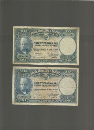 Albania Paper Money,  2 X 20 Franka Ari.  Years 1926 - 1944,  Period Of King Zog.