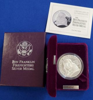 1993 - P Us 1ozt.  999 Silver Proof Ben Franklin Firefighters Siver Medal Caps.  /coa