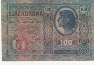 100 Kronen Vg - F Banknote From Hungary With Stamp From Sopron County 1918