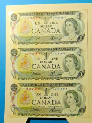Set Of Three Uncut 1973 Bank Of Canada 1 Dollar Notes - Serial: Ecv - Unc